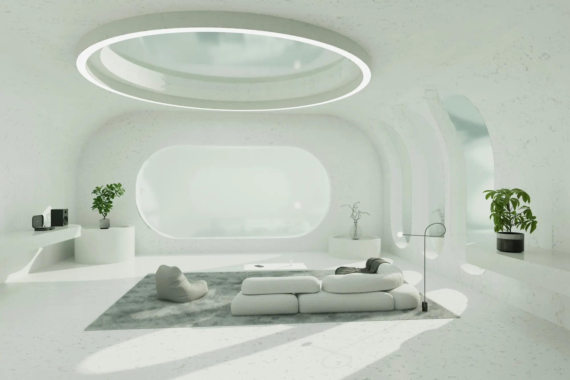 Sala blanca de formas orgánicas con un tragaluz circular