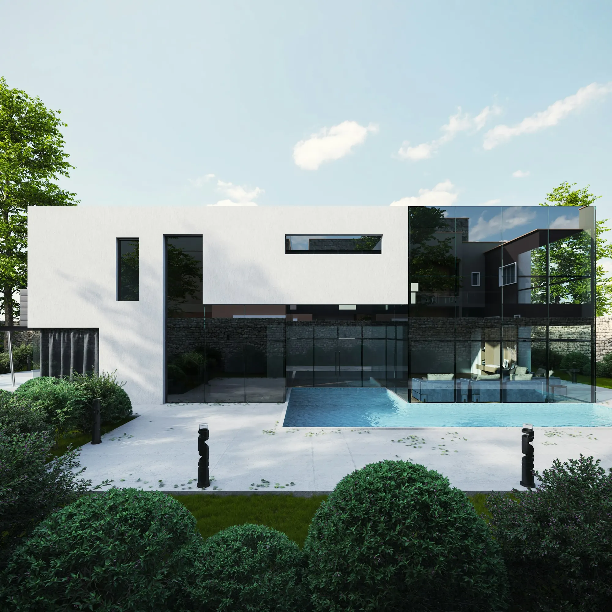 Casa de volúmenes blancos y vidrio negro junto a una piscina